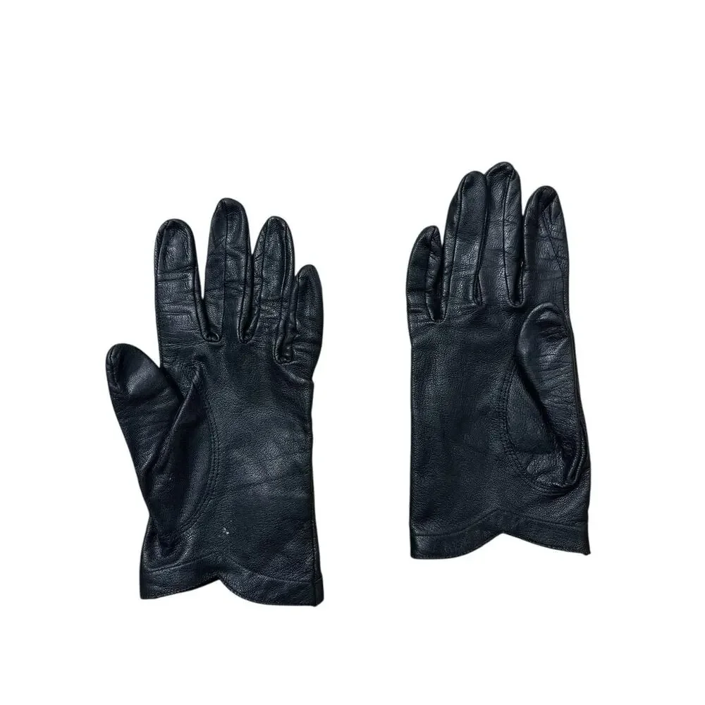 Vintage Guy La Roche Black Leather Gloves Size Small Rhinestone Coquette Retro